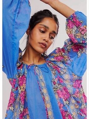 Free People Elena Printed Floral Peasant Blouse with Pink Accent
